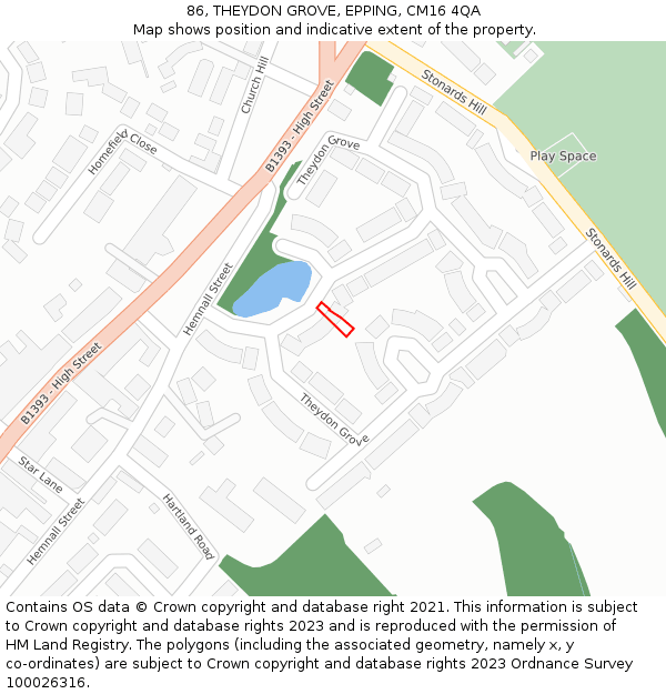 86, THEYDON GROVE, EPPING, CM16 4QA: Location map and indicative extent of plot
