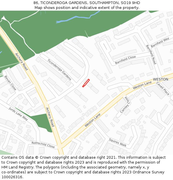 86, TICONDEROGA GARDENS, SOUTHAMPTON, SO19 9HD: Location map and indicative extent of plot