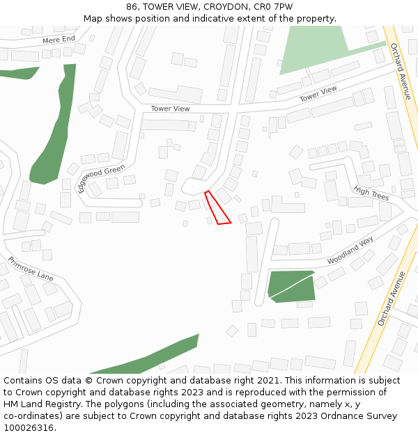 86, TOWER VIEW, CROYDON, CR0 7PW: Location map and indicative extent of plot