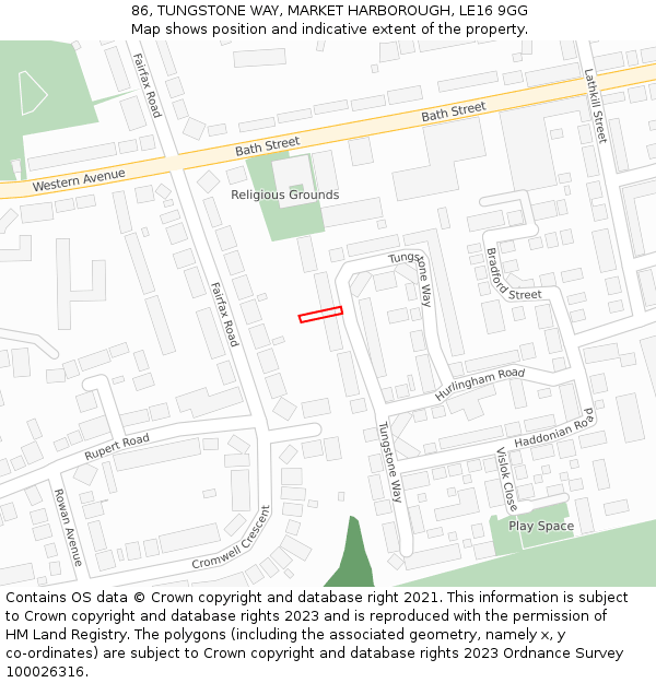 86, TUNGSTONE WAY, MARKET HARBOROUGH, LE16 9GG: Location map and indicative extent of plot