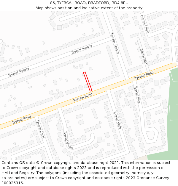86, TYERSAL ROAD, BRADFORD, BD4 8EU: Location map and indicative extent of plot