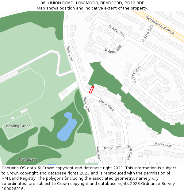 86, UNION ROAD, LOW MOOR, BRADFORD, BD12 0DF: Location map and indicative extent of plot