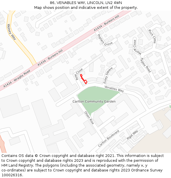 86, VENABLES WAY, LINCOLN, LN2 4WN: Location map and indicative extent of plot