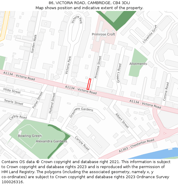 86, VICTORIA ROAD, CAMBRIDGE, CB4 3DU: Location map and indicative extent of plot