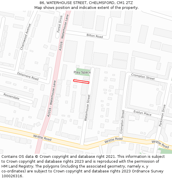 86, WATERHOUSE STREET, CHELMSFORD, CM1 2TZ: Location map and indicative extent of plot