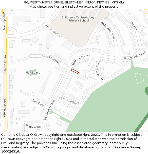 86, WESTMINSTER DRIVE, BLETCHLEY, MILTON KEYNES, MK3 6LY: Location map and indicative extent of plot