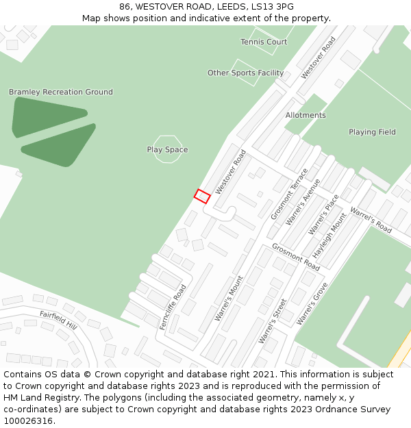 86, WESTOVER ROAD, LEEDS, LS13 3PG: Location map and indicative extent of plot
