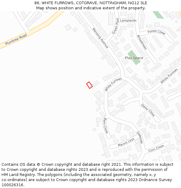86, WHITE FURROWS, COTGRAVE, NOTTINGHAM, NG12 3LE: Location map and indicative extent of plot