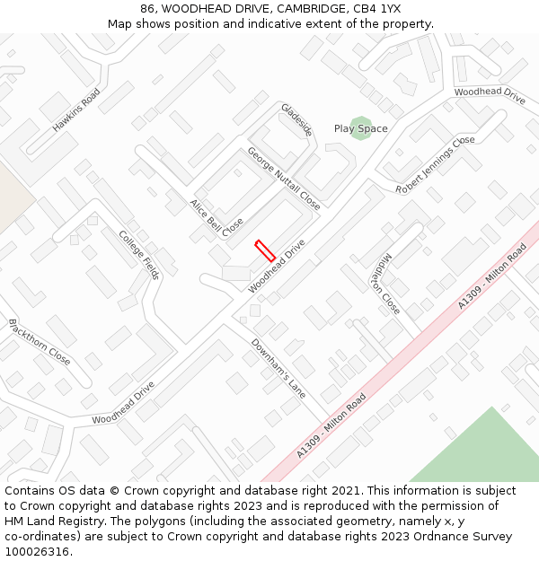 86, WOODHEAD DRIVE, CAMBRIDGE, CB4 1YX: Location map and indicative extent of plot
