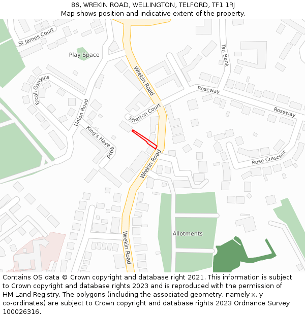 86, WREKIN ROAD, WELLINGTON, TELFORD, TF1 1RJ: Location map and indicative extent of plot