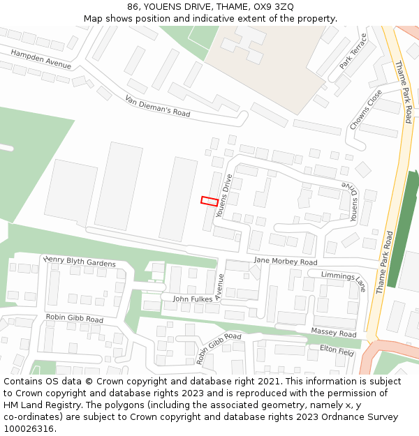 86, YOUENS DRIVE, THAME, OX9 3ZQ: Location map and indicative extent of plot