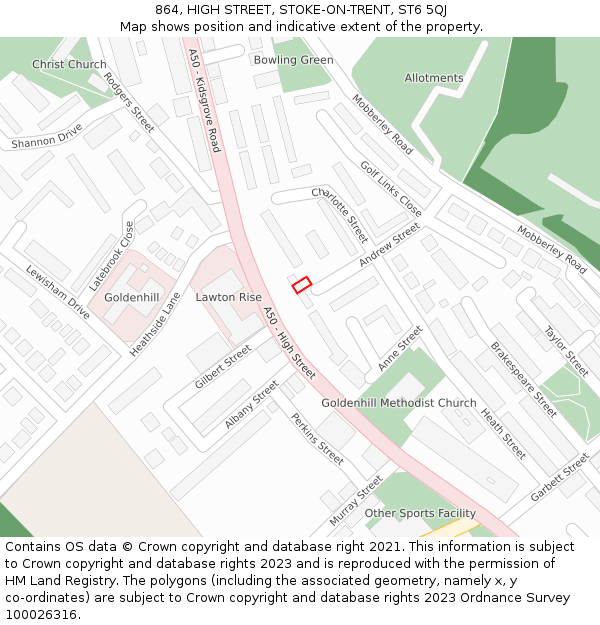 864, HIGH STREET, STOKE-ON-TRENT, ST6 5QJ: Location map and indicative extent of plot