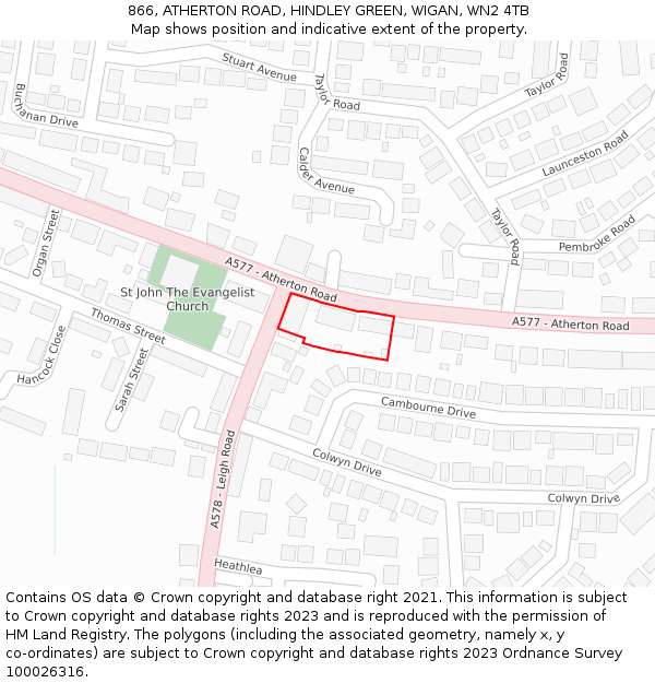 866, ATHERTON ROAD, HINDLEY GREEN, WIGAN, WN2 4TB: Location map and indicative extent of plot