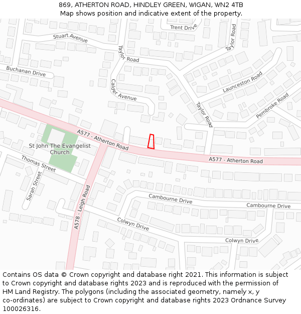 869, ATHERTON ROAD, HINDLEY GREEN, WIGAN, WN2 4TB: Location map and indicative extent of plot