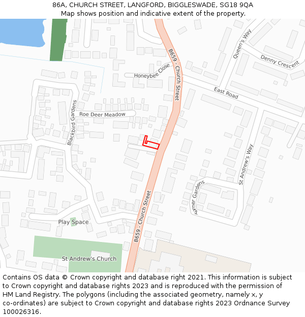 86A, CHURCH STREET, LANGFORD, BIGGLESWADE, SG18 9QA: Location map and indicative extent of plot