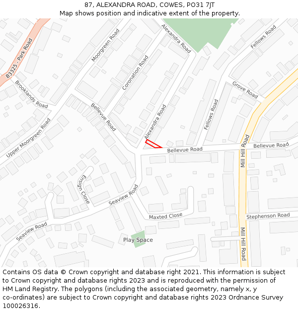 87, ALEXANDRA ROAD, COWES, PO31 7JT: Location map and indicative extent of plot
