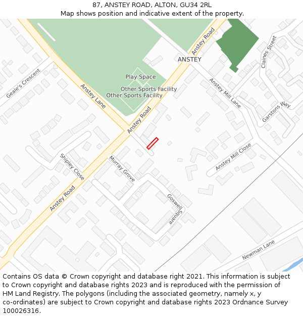 87, ANSTEY ROAD, ALTON, GU34 2RL: Location map and indicative extent of plot