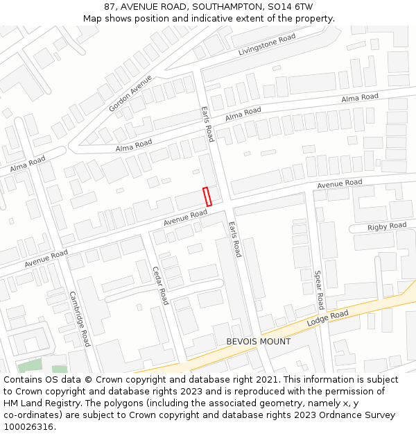 87, AVENUE ROAD, SOUTHAMPTON, SO14 6TW: Location map and indicative extent of plot