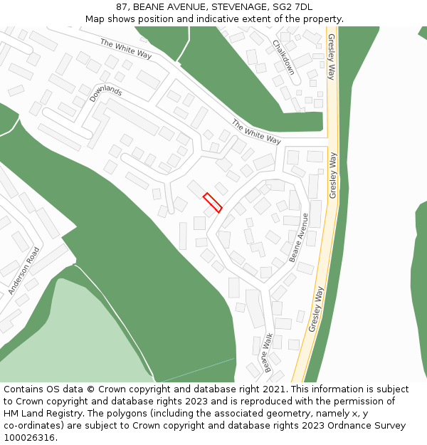87, BEANE AVENUE, STEVENAGE, SG2 7DL: Location map and indicative extent of plot
