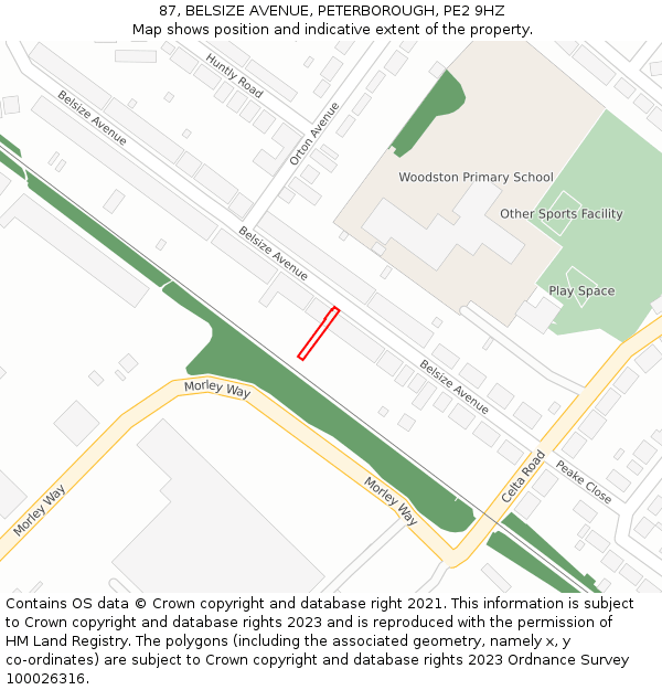 87, BELSIZE AVENUE, PETERBOROUGH, PE2 9HZ: Location map and indicative extent of plot