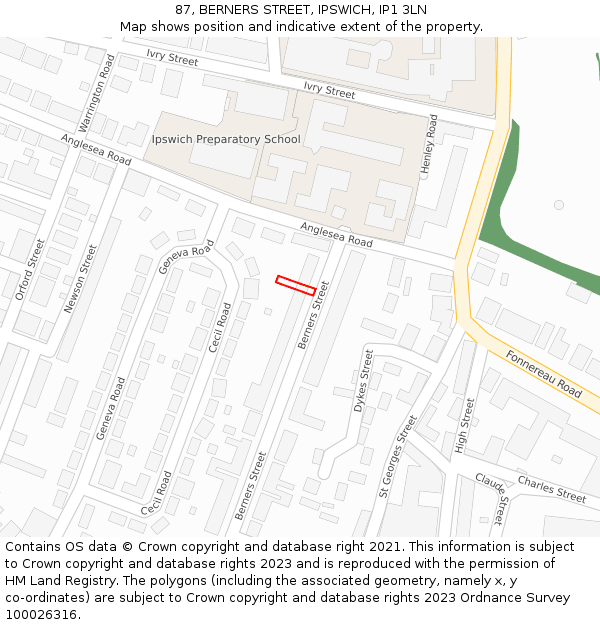 87, BERNERS STREET, IPSWICH, IP1 3LN: Location map and indicative extent of plot
