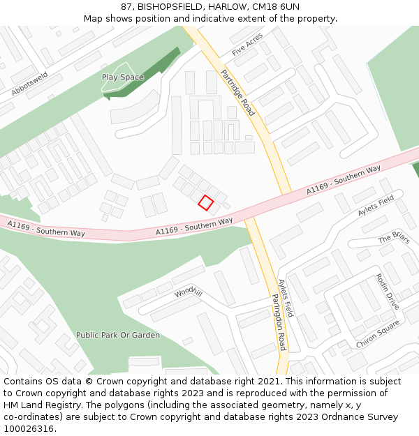 87, BISHOPSFIELD, HARLOW, CM18 6UN: Location map and indicative extent of plot