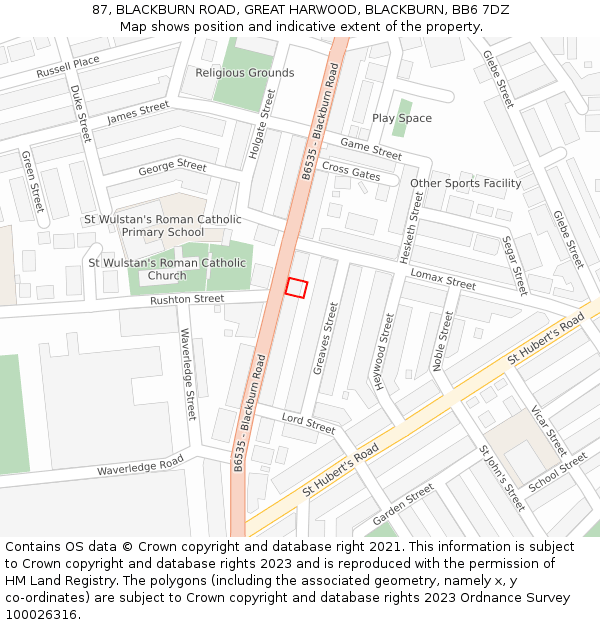 87, BLACKBURN ROAD, GREAT HARWOOD, BLACKBURN, BB6 7DZ: Location map and indicative extent of plot