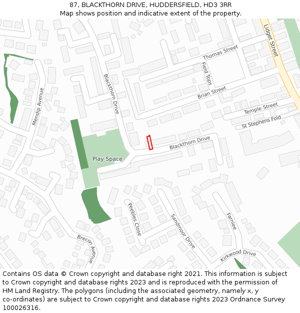 87, BLACKTHORN DRIVE, HUDDERSFIELD, HD3 3RR: Location map and indicative extent of plot