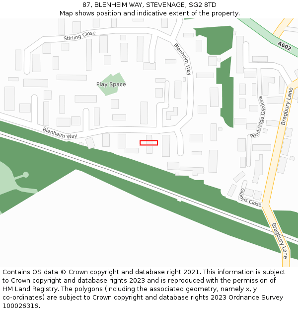 87, BLENHEIM WAY, STEVENAGE, SG2 8TD: Location map and indicative extent of plot
