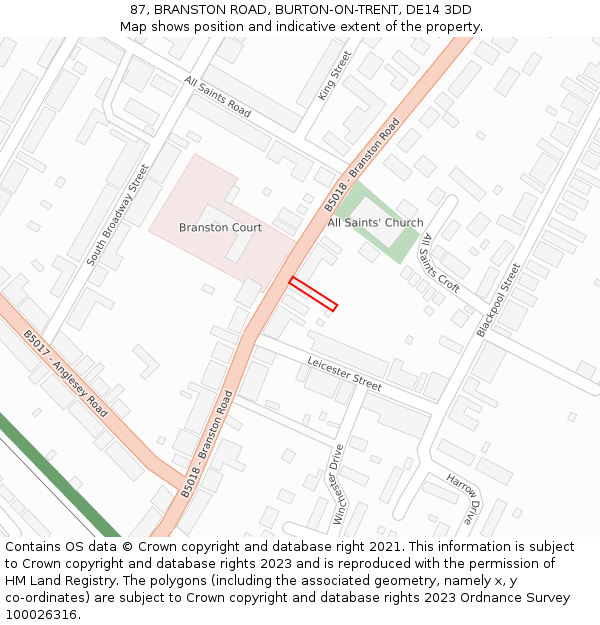 87, BRANSTON ROAD, BURTON-ON-TRENT, DE14 3DD: Location map and indicative extent of plot