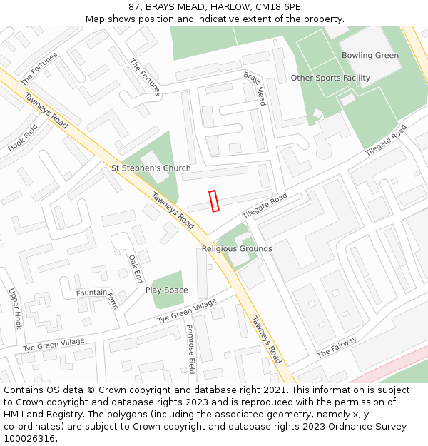 87, BRAYS MEAD, HARLOW, CM18 6PE: Location map and indicative extent of plot
