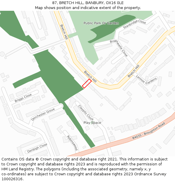 87, BRETCH HILL, BANBURY, OX16 0LE: Location map and indicative extent of plot