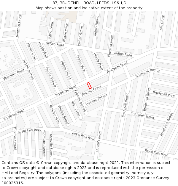 87, BRUDENELL ROAD, LEEDS, LS6 1JD: Location map and indicative extent of plot