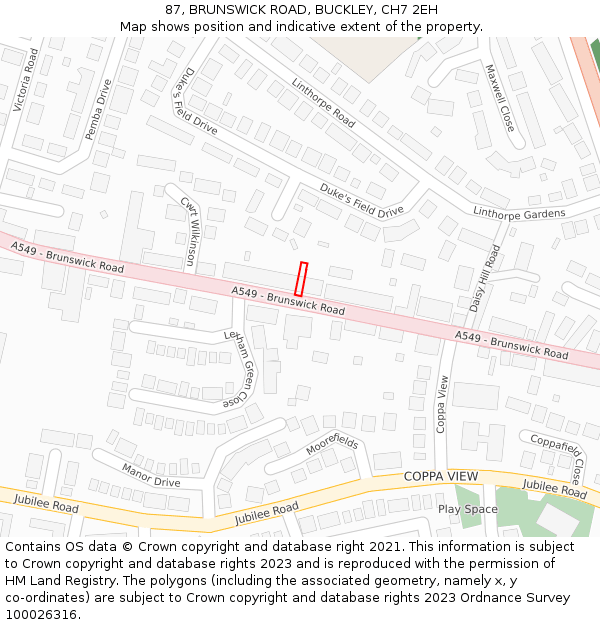 87, BRUNSWICK ROAD, BUCKLEY, CH7 2EH: Location map and indicative extent of plot