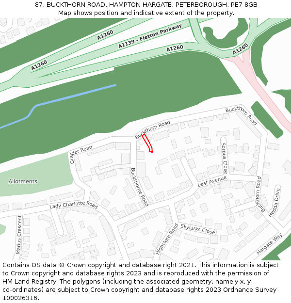 87, BUCKTHORN ROAD, HAMPTON HARGATE, PETERBOROUGH, PE7 8GB: Location map and indicative extent of plot