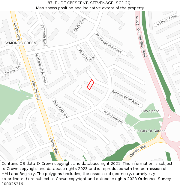 87, BUDE CRESCENT, STEVENAGE, SG1 2QL: Location map and indicative extent of plot