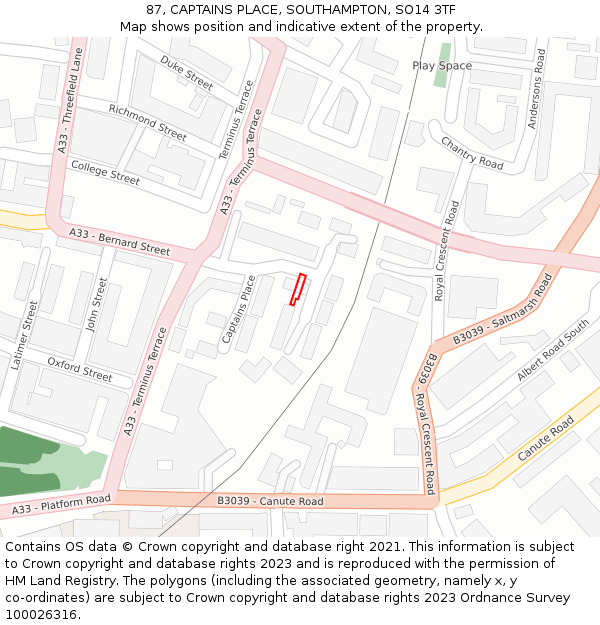 87, CAPTAINS PLACE, SOUTHAMPTON, SO14 3TF: Location map and indicative extent of plot