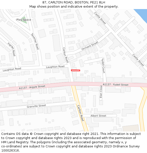 87, CARLTON ROAD, BOSTON, PE21 8LH: Location map and indicative extent of plot
