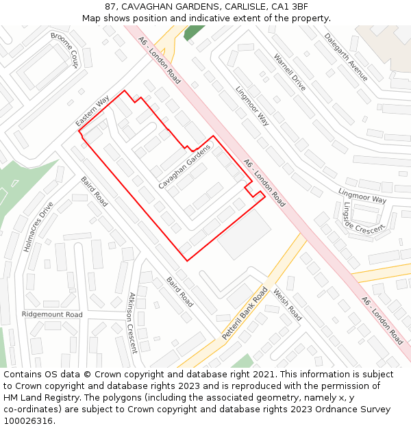 87, CAVAGHAN GARDENS, CARLISLE, CA1 3BF: Location map and indicative extent of plot