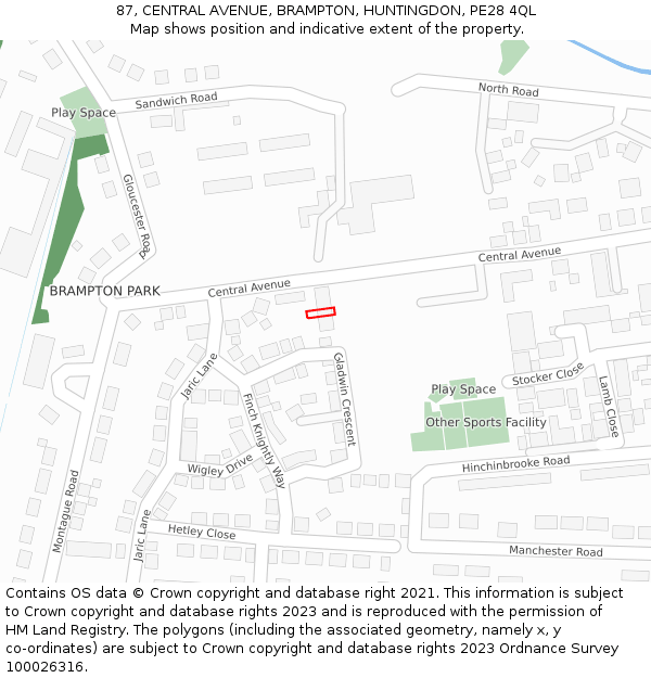 87, CENTRAL AVENUE, BRAMPTON, HUNTINGDON, PE28 4QL: Location map and indicative extent of plot