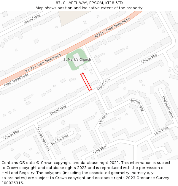 87, CHAPEL WAY, EPSOM, KT18 5TD: Location map and indicative extent of plot