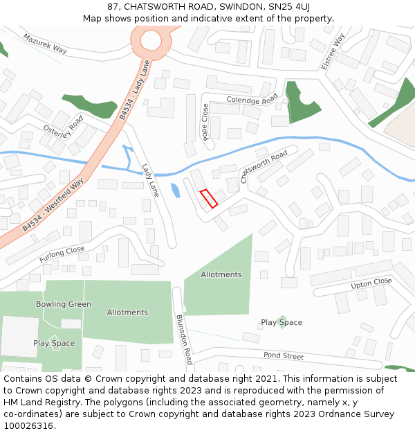 87, CHATSWORTH ROAD, SWINDON, SN25 4UJ: Location map and indicative extent of plot