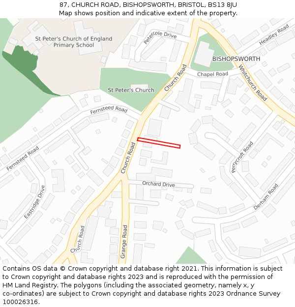 87, CHURCH ROAD, BISHOPSWORTH, BRISTOL, BS13 8JU: Location map and indicative extent of plot