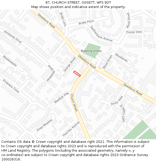 87, CHURCH STREET, OSSETT, WF5 9DT: Location map and indicative extent of plot
