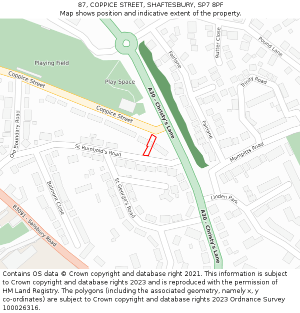 87, COPPICE STREET, SHAFTESBURY, SP7 8PF: Location map and indicative extent of plot
