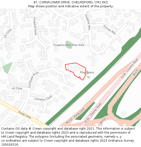 87, CORNFLOWER DRIVE, CHELMSFORD, CM1 6XZ: Location map and indicative extent of plot