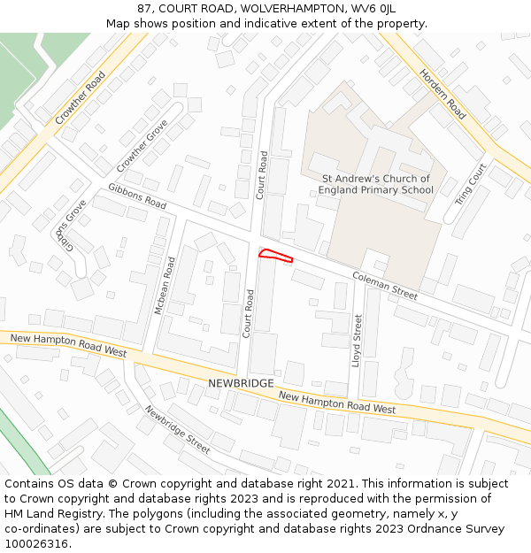 87, COURT ROAD, WOLVERHAMPTON, WV6 0JL: Location map and indicative extent of plot
