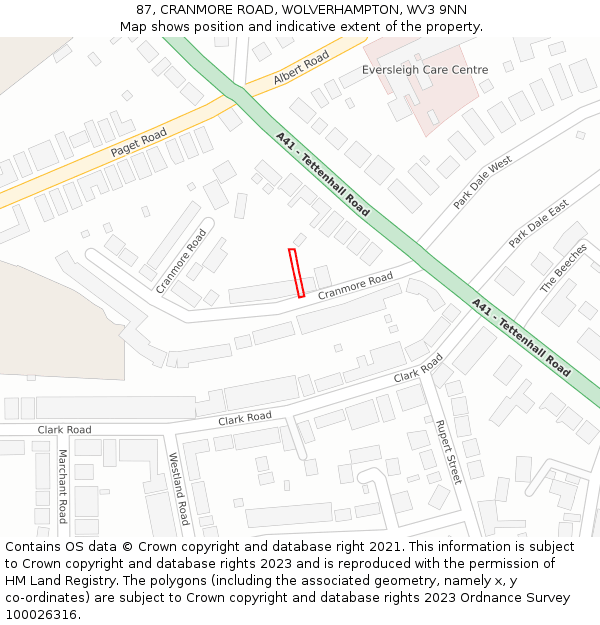87, CRANMORE ROAD, WOLVERHAMPTON, WV3 9NN: Location map and indicative extent of plot