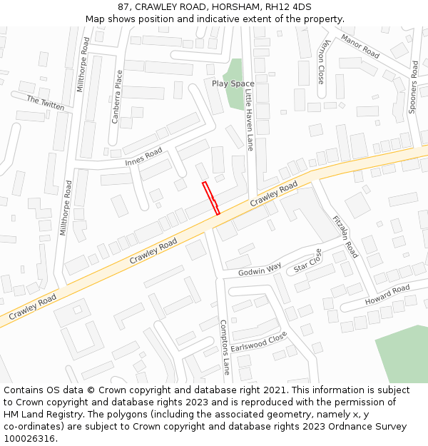 87, CRAWLEY ROAD, HORSHAM, RH12 4DS: Location map and indicative extent of plot