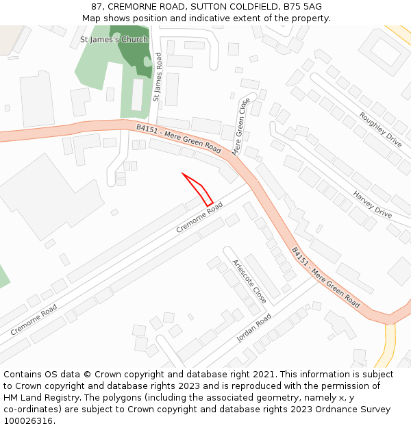 87, CREMORNE ROAD, SUTTON COLDFIELD, B75 5AG: Location map and indicative extent of plot